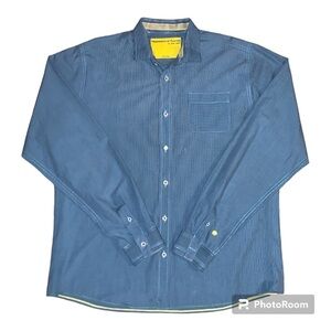 Descendants of Thieves XL button down blue yellow trim business casual flawed